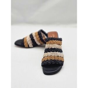 Ana Palma Mules Women's 37 Black Brown Woven Striped Block Heel Spain